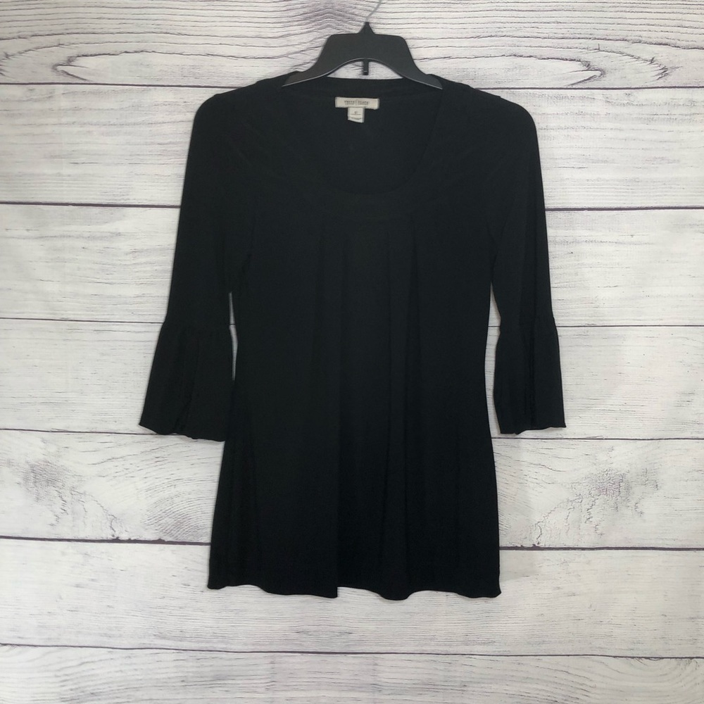 White House Black Market Black Blouse Top with Juliet Trumpet Sleeves Sz Sm - Picture 3 of 7